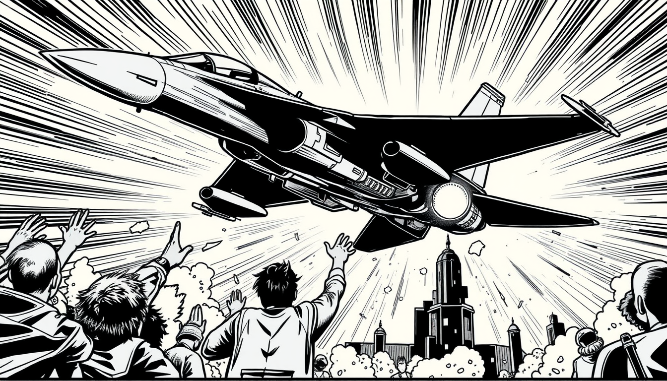 AI Comic idea created from the prompt: comic panel, bold inks, halftone shading, speech-bubble ready composition, un comic donde la gente esta celebrando cuando un f16 llega trans