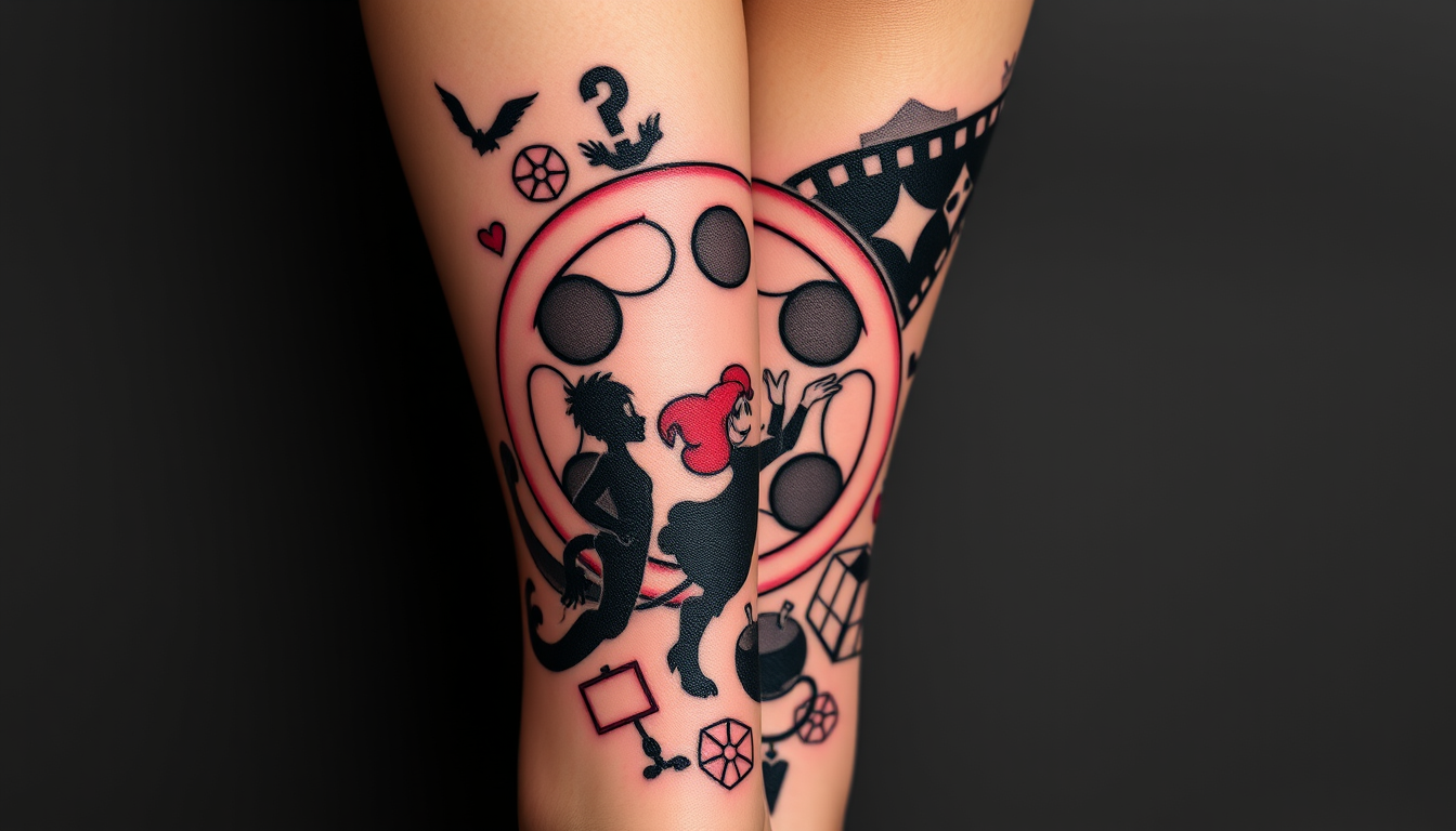 AI Art prompt example created from the prompt: Create a full leg sleeve that does not cover bum, I want a film reel and Disney characters