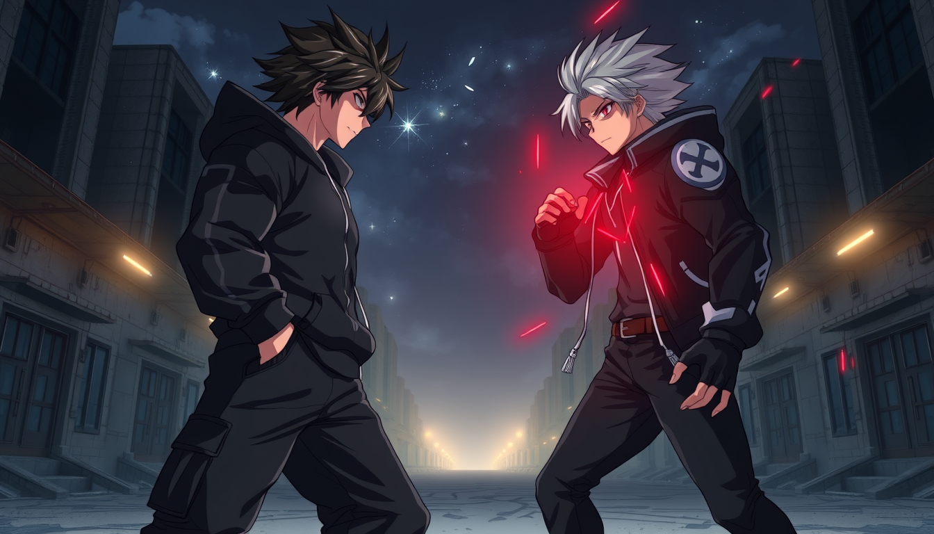 Main art studio: Two tall adult male anime fighters, age 24, muscular athletic bodies, broad shoulders, sharp jawlines, long legs. KAIRO has messy black hair, black ho