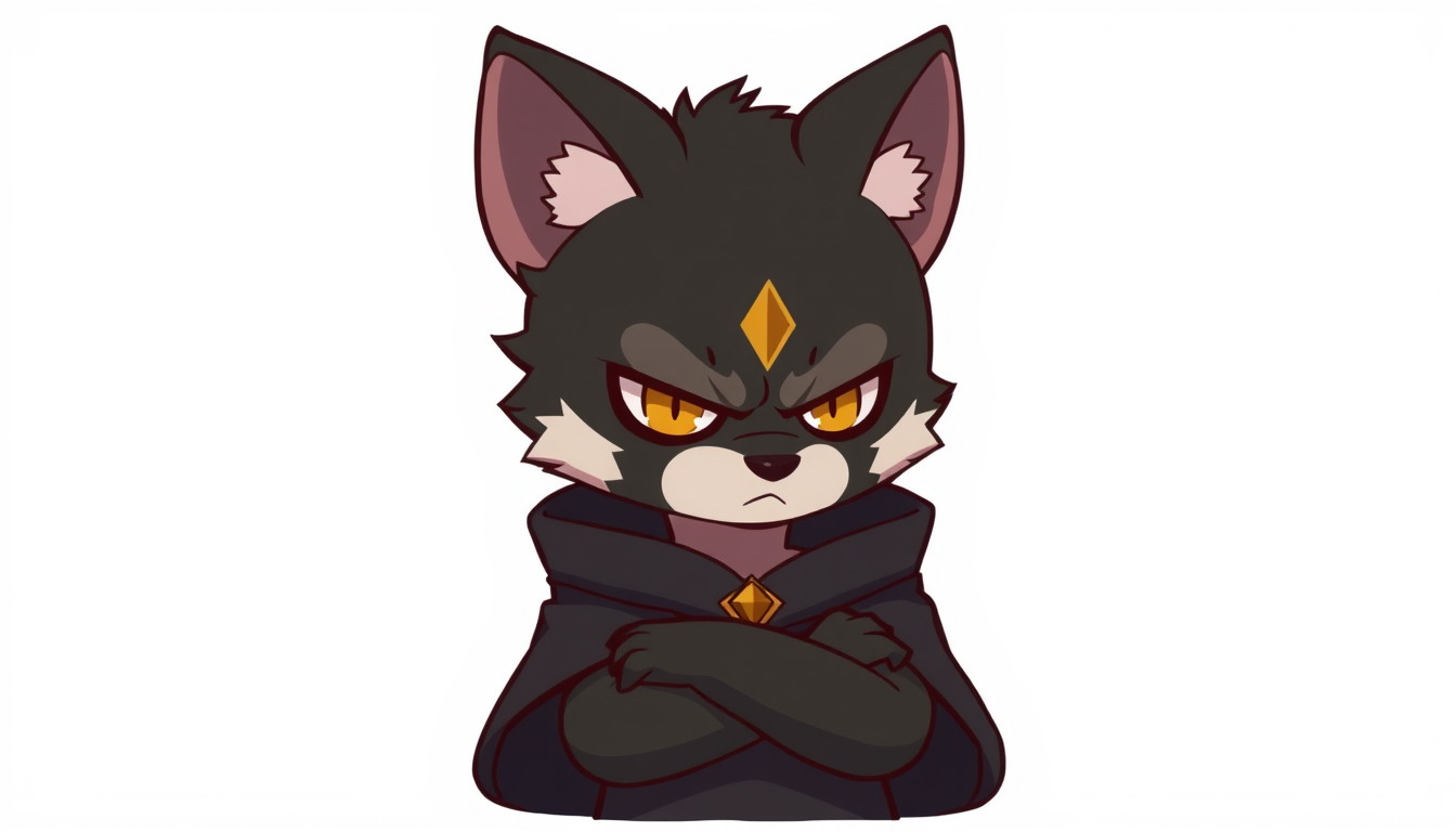 Fursona idea: fursona character, anthropomorphic animal design, expressive personality, reference sheet style, Cute chibi black jackal character looking slightly an