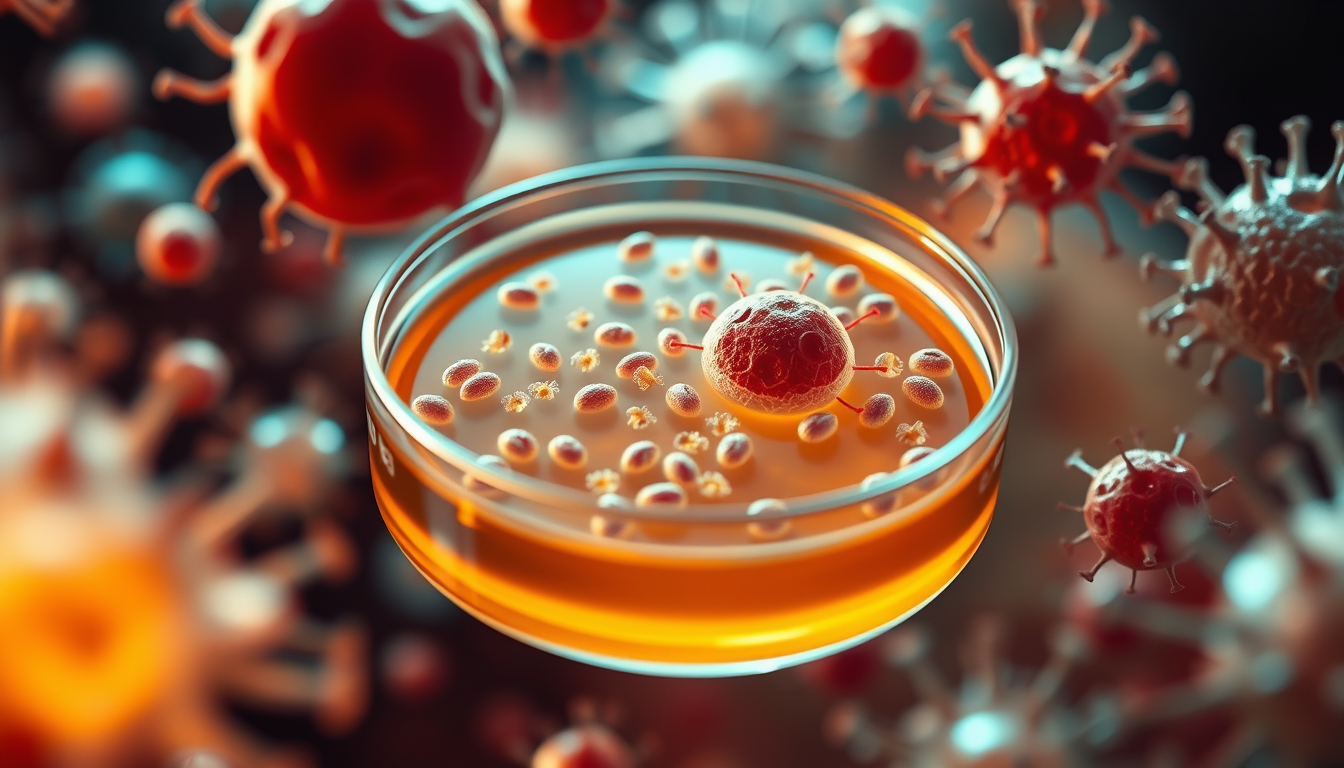 Main art studio: Photorealistic scientific scene of a realistic stem cell culture in a laboratory Petri dish, surrounded by different specialized human cells, visually