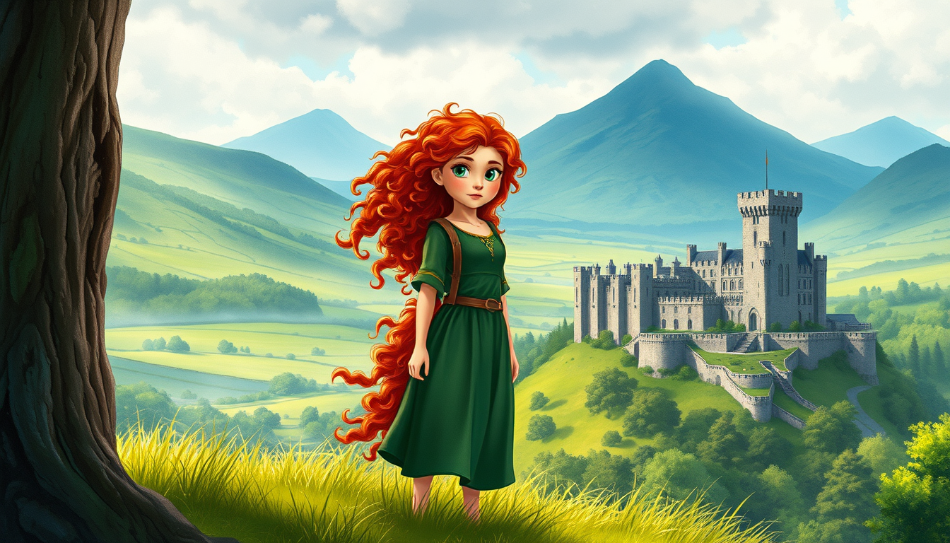 Main art studio: Cinematic children's storybook illustration of Princess Merida in DunBroch. Young teenage girl, very long wild curly bright red hair, expressive green