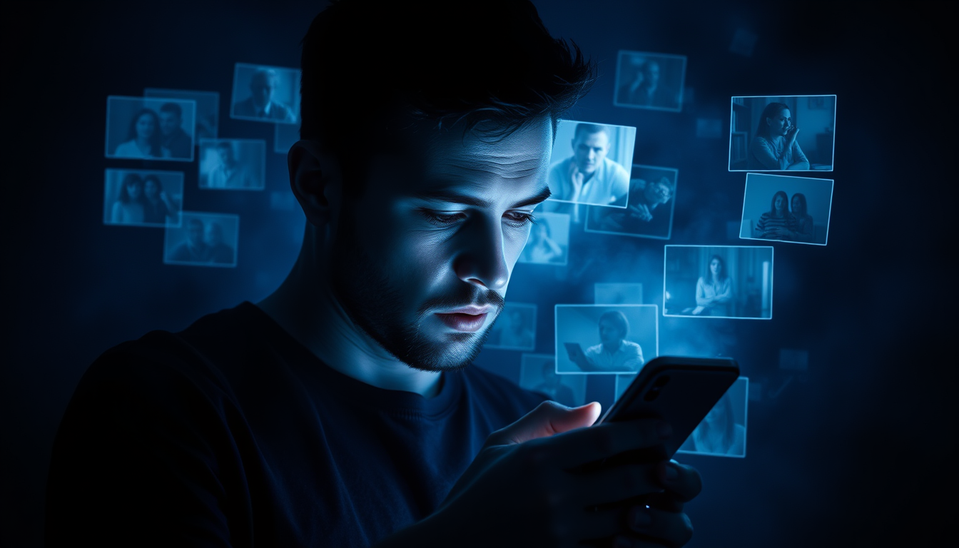 Main art studio: Ultra-realistic cinematic psychological scene, adult man staring at a smartphone while dark imagined scenarios appear around his head like translucent