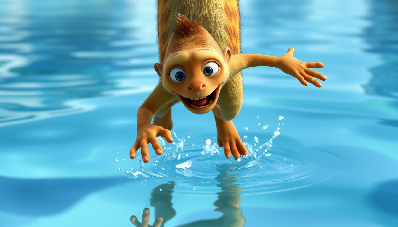 Main art studio: Sid from Ice Age film start to jump out of the water, lower body is iinside the water