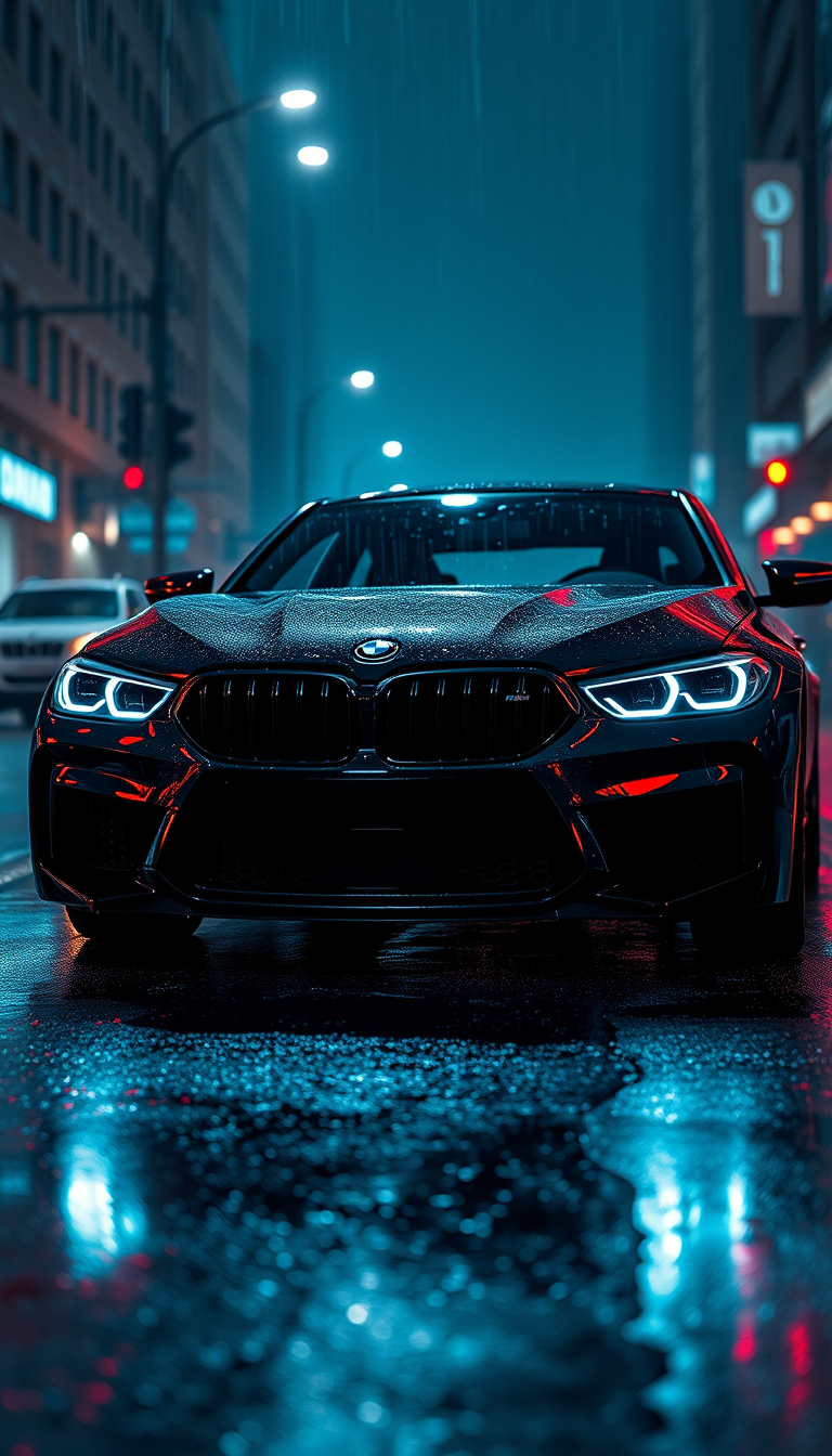 Main art studio: A stunning black BMW M-series sports car parked on a rain-soaked city street at night, neon blue and red reflections across the glossy body, dramatic