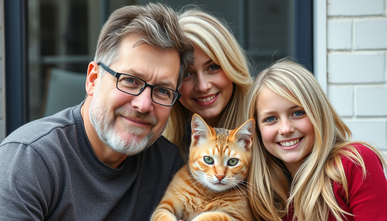 Main art studio: Family. Vater 42 mit Glatze und Bart. Mutter 40 Jahre blonde Schulter lange Haare. Tochter 23 Jahre alt, braune lange Haare, Tochter 10 Jahre alt, Bri