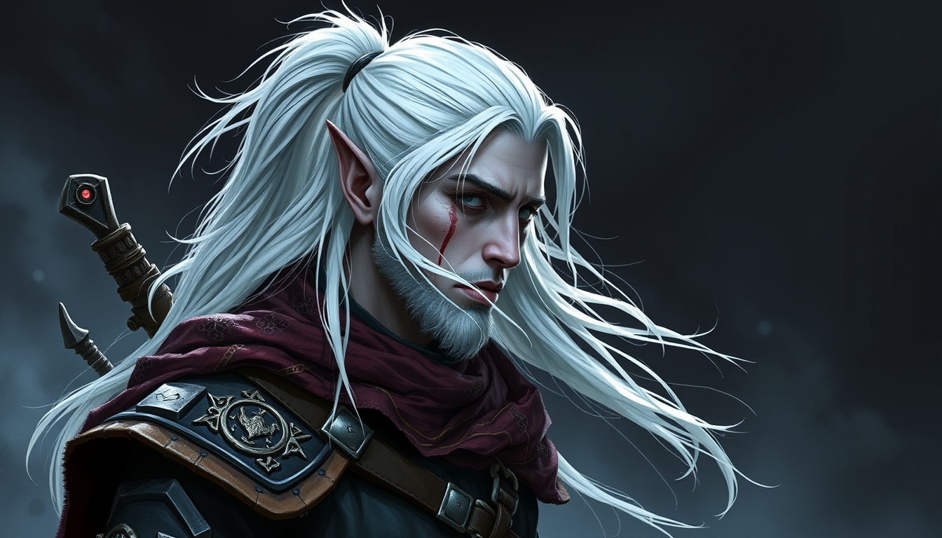 Main art studio: male drow elf adventurer with white hair pulled into a pony tail