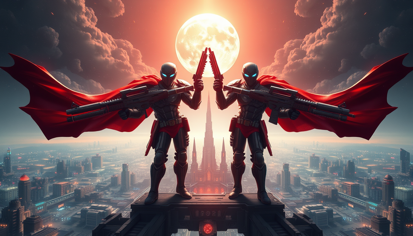 Main art studio: crie uma imagem plano geral de duas raposas super fortes , com armas super poderosas,nunha cidade futuristicas.