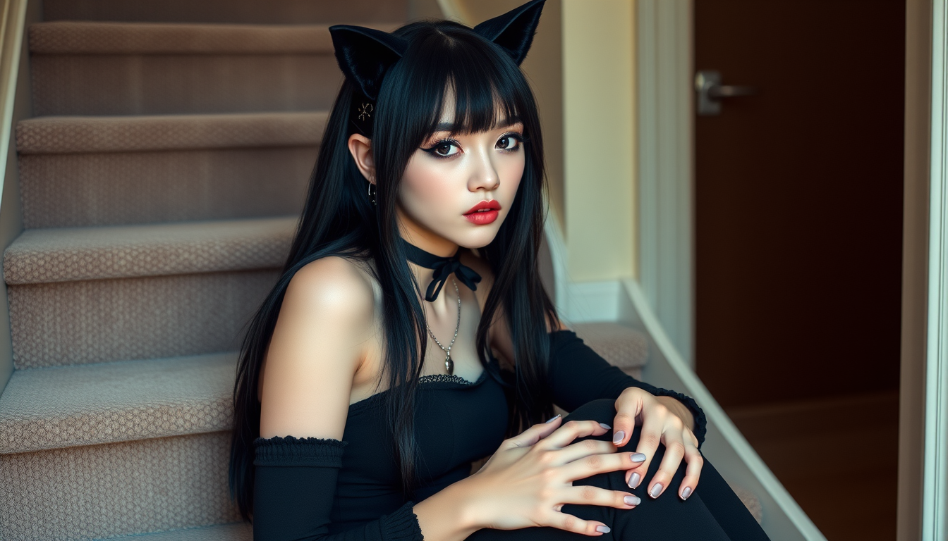 Main art studio: Create a photorealistic, cute feminine femboy portrait using my uploaded face as a reference. Long black hair, subtle gothic makeup, black cat-ear acc