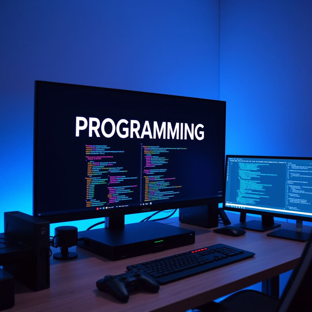 Main art studio: Professional programming workspace, powerful desktop PC, huge monitor clearly displaying "PROGRAMMING" and colorful code, Python and C++ editor, termi