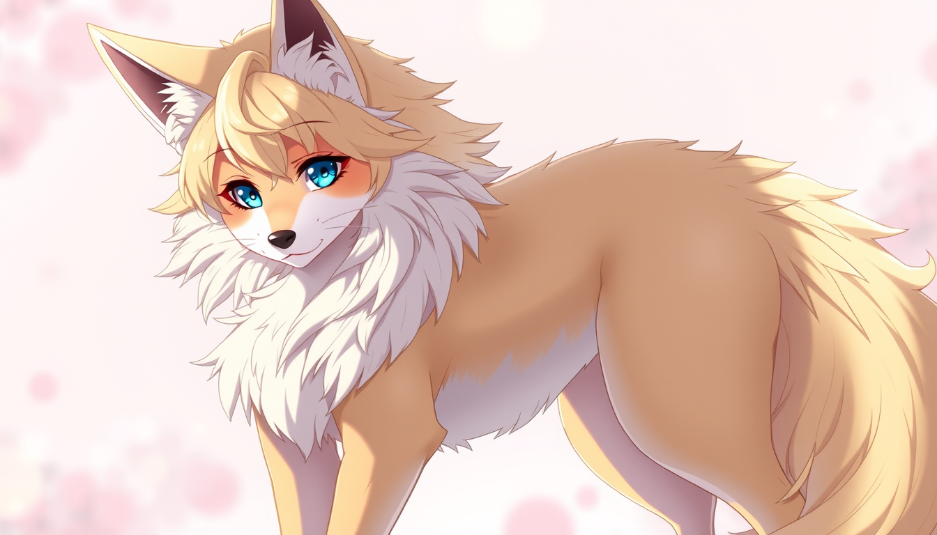 Main art studio: An anime styled full body Female adult kitsune with a voluptuous body, wavy blonde hair, blue soft eyes, sun kissed skin
