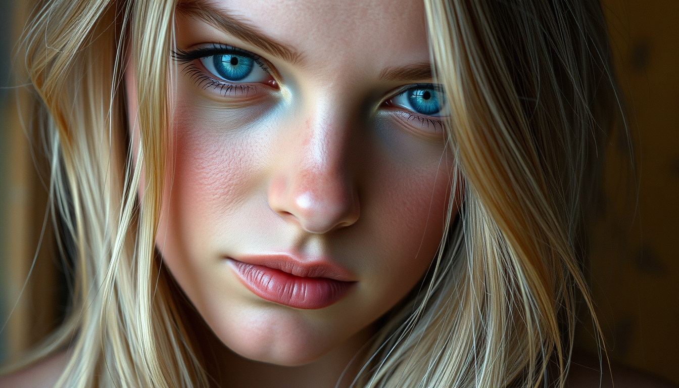 Realistic AI Image idea created from the prompt: photorealistic generated image, natural materials and skin texture, physically plausible lighting, Beautiful young woman, blonde hair, blue 
