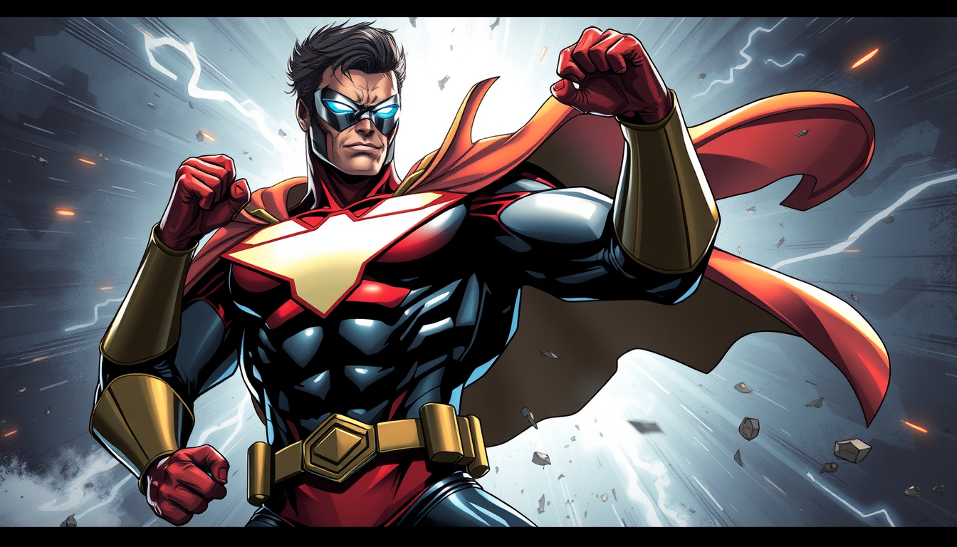 Superhero idea created from the prompt: original superhero character design, dynamic pose, bold costume, dramatic lighting, comic art energy, super-héros , original hero concept ar