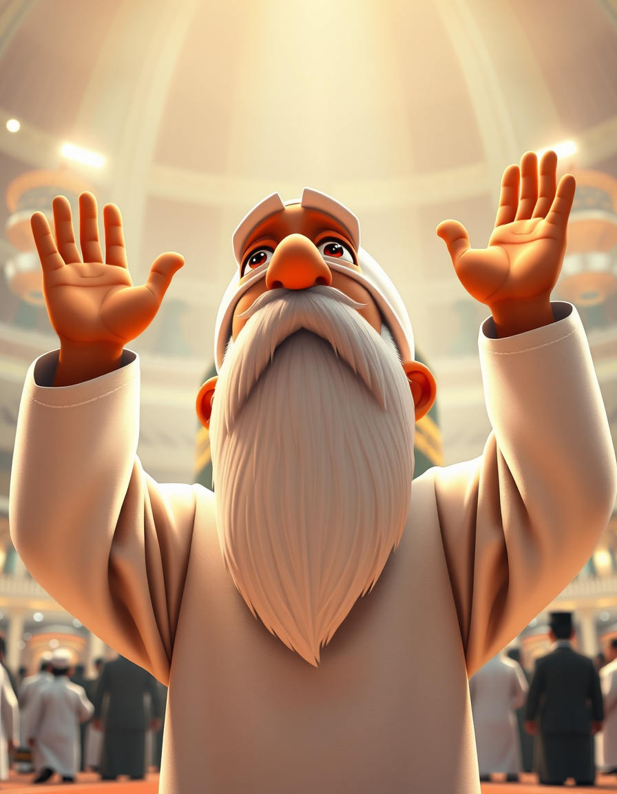 Main art studio: An emotional 3D cartoon scene of an elderly Muslim man with a long white beard standing in Masjid al-Haram. The Holy Kaaba is visible a short distance