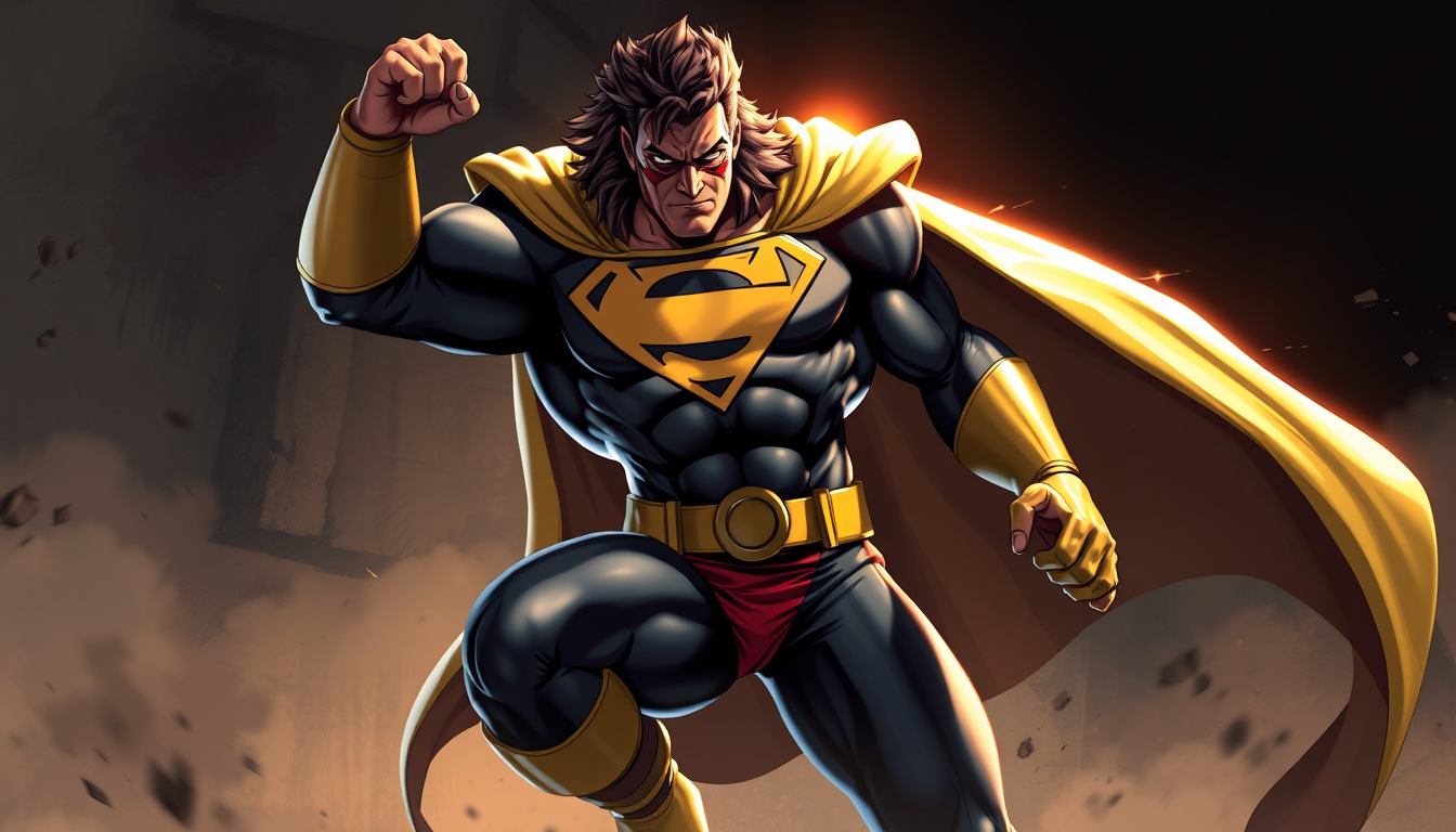 Superhero idea created from the prompt: original superhero character design, dynamic pose, bold costume, dramatic lighting, comic art energy, Un personaje de tira cómica con humor,