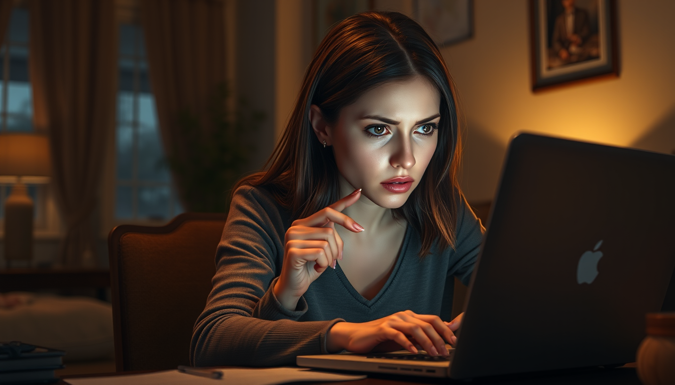 Main art studio: Semi-realistic cinematic digital painting of a young woman sitting at home at night, using her own laptop on a desk. She stares intensely at the lapto