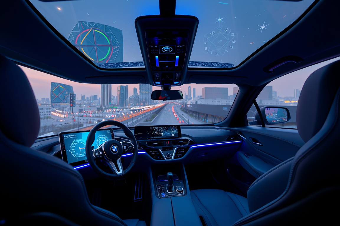 AI Art prompt example created from the prompt: Interior of a futuristic BMW from 2040 in Tashkent, Uzbekistan, luxurious autonomous driving cabin, panoramic windshield, holographic dashbo