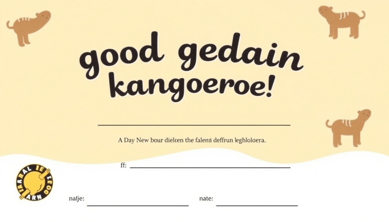AI Art prompt example created from the prompt: Maak voor kangoeroes en Fjes van een korfbalclub een safaridiploma (voor onze safari opendag), met daarop "goed gedaan kangoeroe!"en een vak