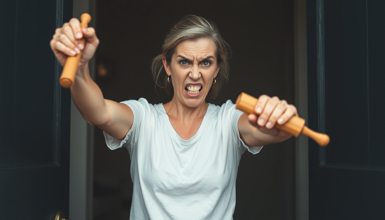 Main art studio: young crazy wife with screwed up face wielding medium rolling pin one handed aloft by the handle angrily waiting at front door