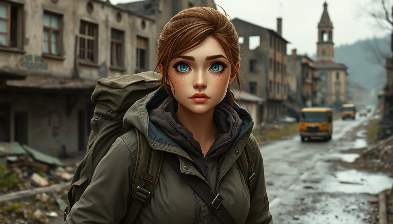 Main art studio: Eine 18-jährige erwachsene Anime-Wanderin auf einer langen Reise durch eine ehemalige Kriegsregion. Sie trägt robuste, leicht verschmutzte Wanderkleid