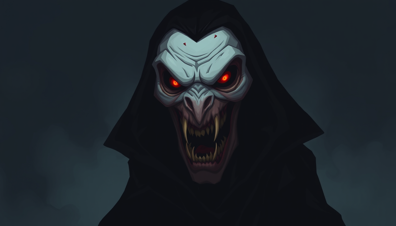 Main art studio: Um vampiro gigante e assustador para um jogo 2D de terror, com a boca escancarada, caninos extremamente longos e afiados, olhos completamente pretos c