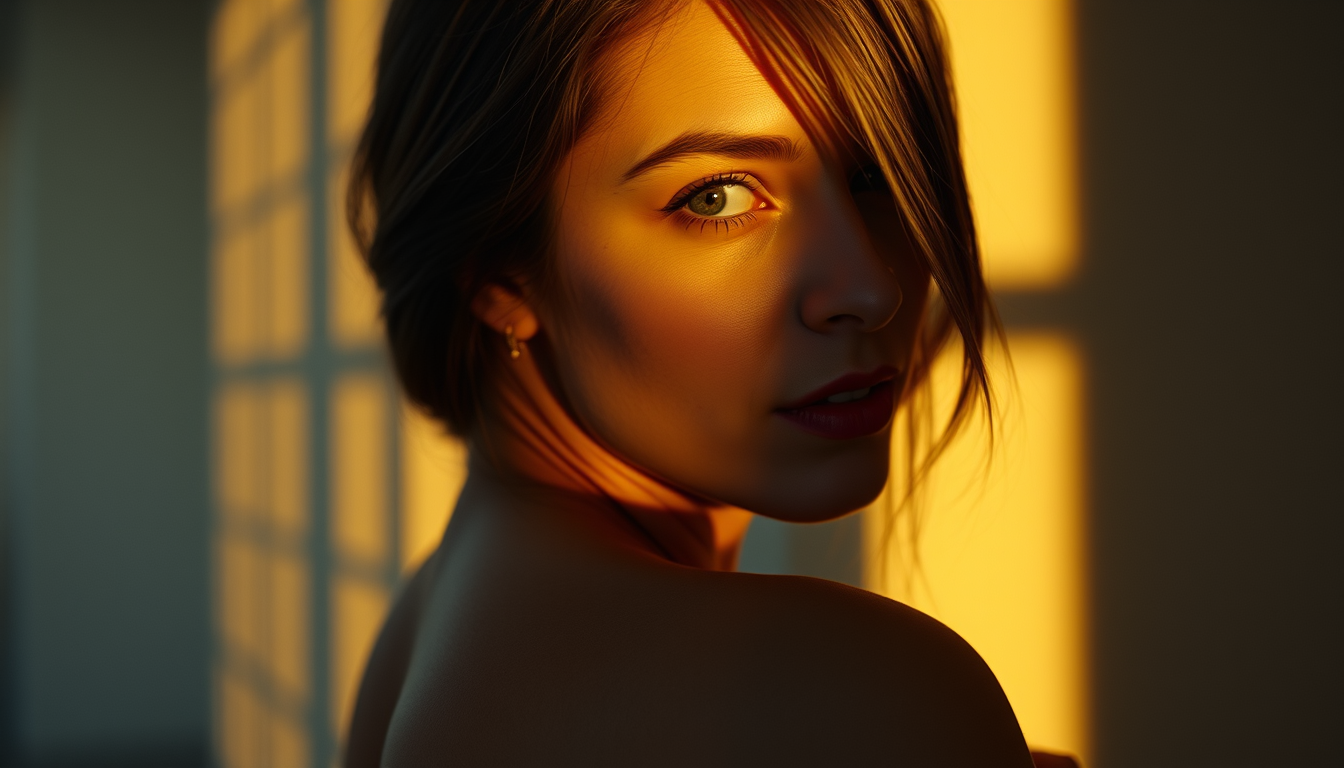 Main art studio: Cinematic close up portrait of a woman in her late 20s, standing half turned away from the camera glancing back over her shoulder. Soft golden hour si