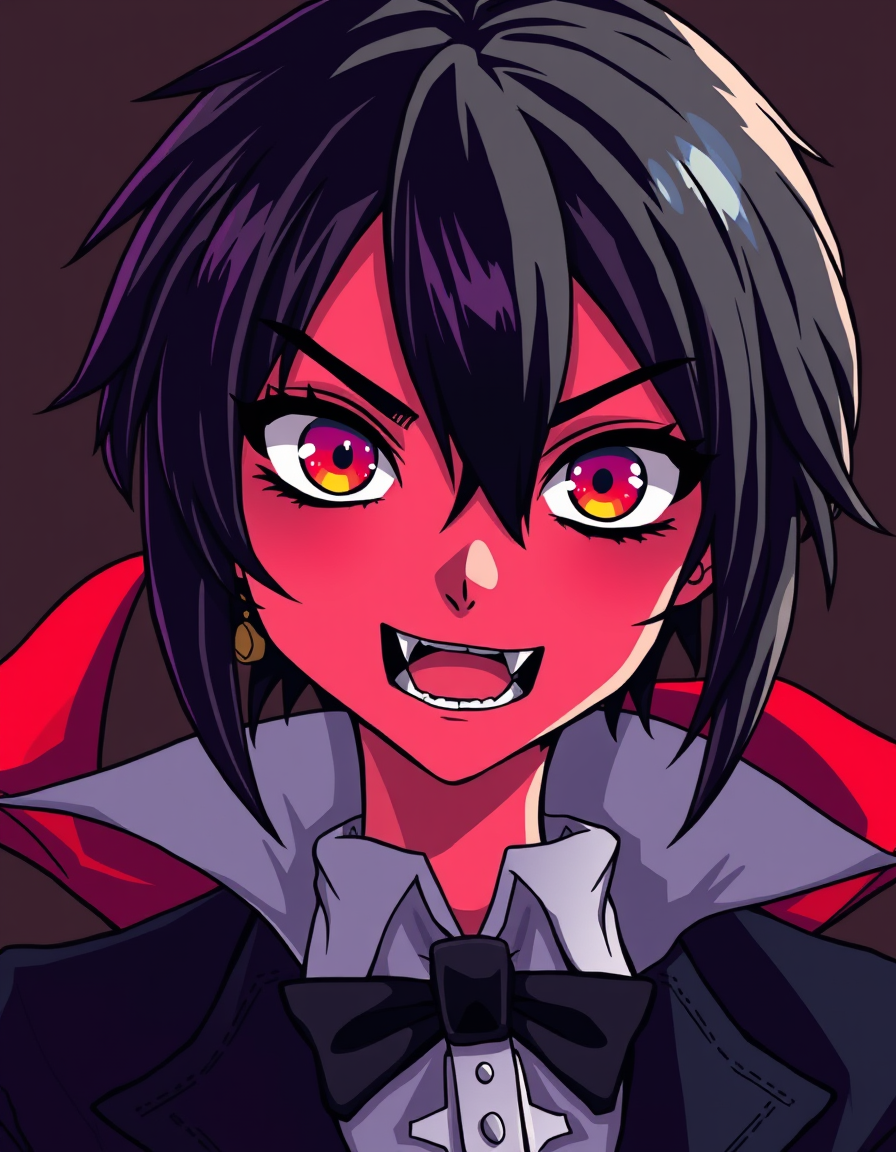 Anime idea: anime style, vibrant colors, expressive eyes, create an red black Vampire character with simple Toon cel-shaded artstyle , detailed anime illustration
