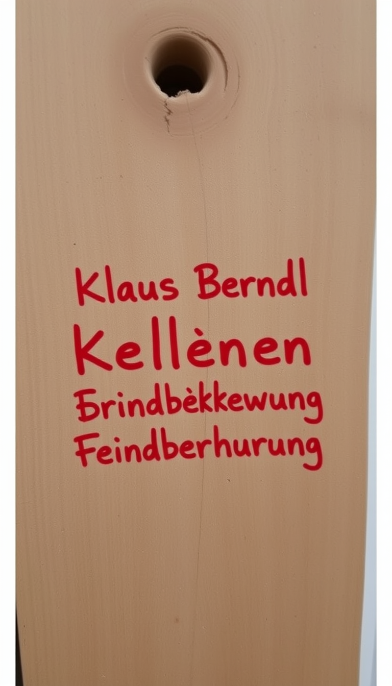 Main art studio: Eine verschimmelte Kellerwand. In den Putz ist "Klaus Berndl" geritzt. Darunter ist mit roten, krakeligen Buchstaben "Feindberührung" geschrieben.