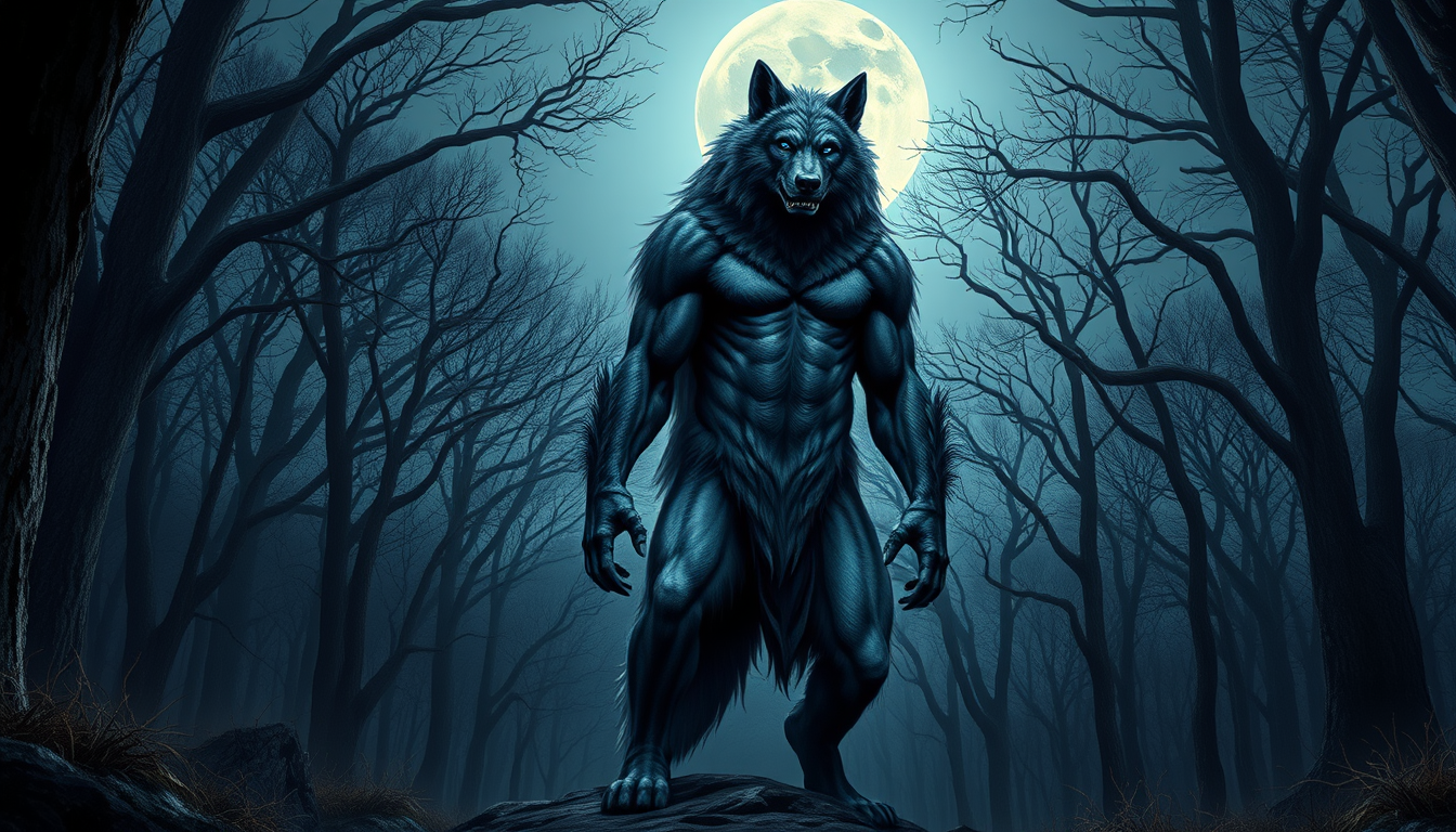 Main art studio: An upright, standing, muscular, fierce, and wild-looking King of Werewolves, Bedlam Blue, in a dense old oak forest, with a full moon above. Much fier