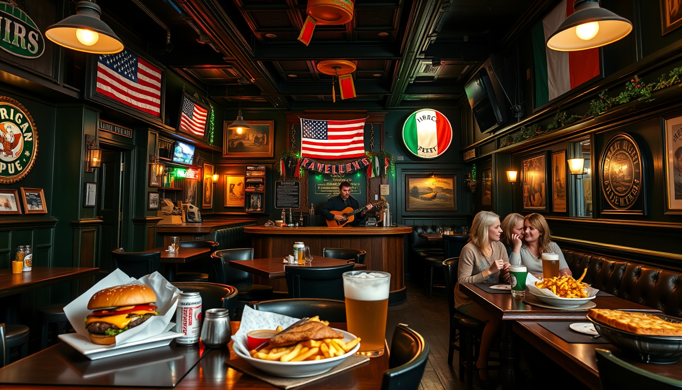 Main art studio: A realistic American-Irish fusion restaurant combining a traditional Irish pub with an American diner. Warm wooden interior, dark green colors, vintag