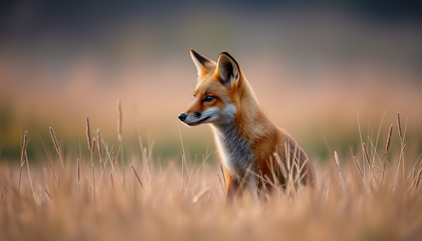 Main art studio: a small red fox sitting in tall grass at sunset