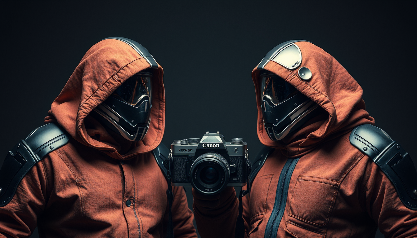 Main art studio: crie uma imagem plano geral dois meninos com a camera na mão e as roupas na cor vermehna e ele pressisa ser robo e eles tem que ter capar de supereroi