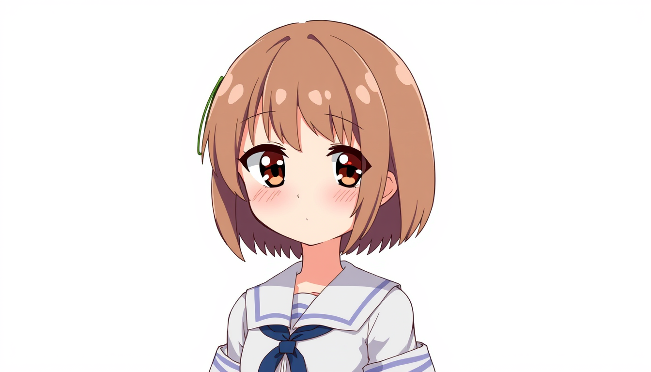 Anime idea created from the prompt: anime style, vibrant colors, expressive eyes, 1 girl, school uniform, short hair, brown hair, brown eyes, soft expression, front view, stand
