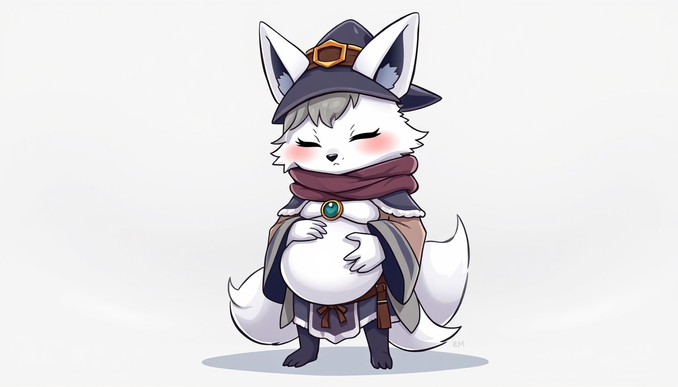 Main art studio: chibi very gravid, heavily pregnant snowy fox mage with her hands on her belly, wearing an ice mage's attire including a wide-brimmed hat, clean linea