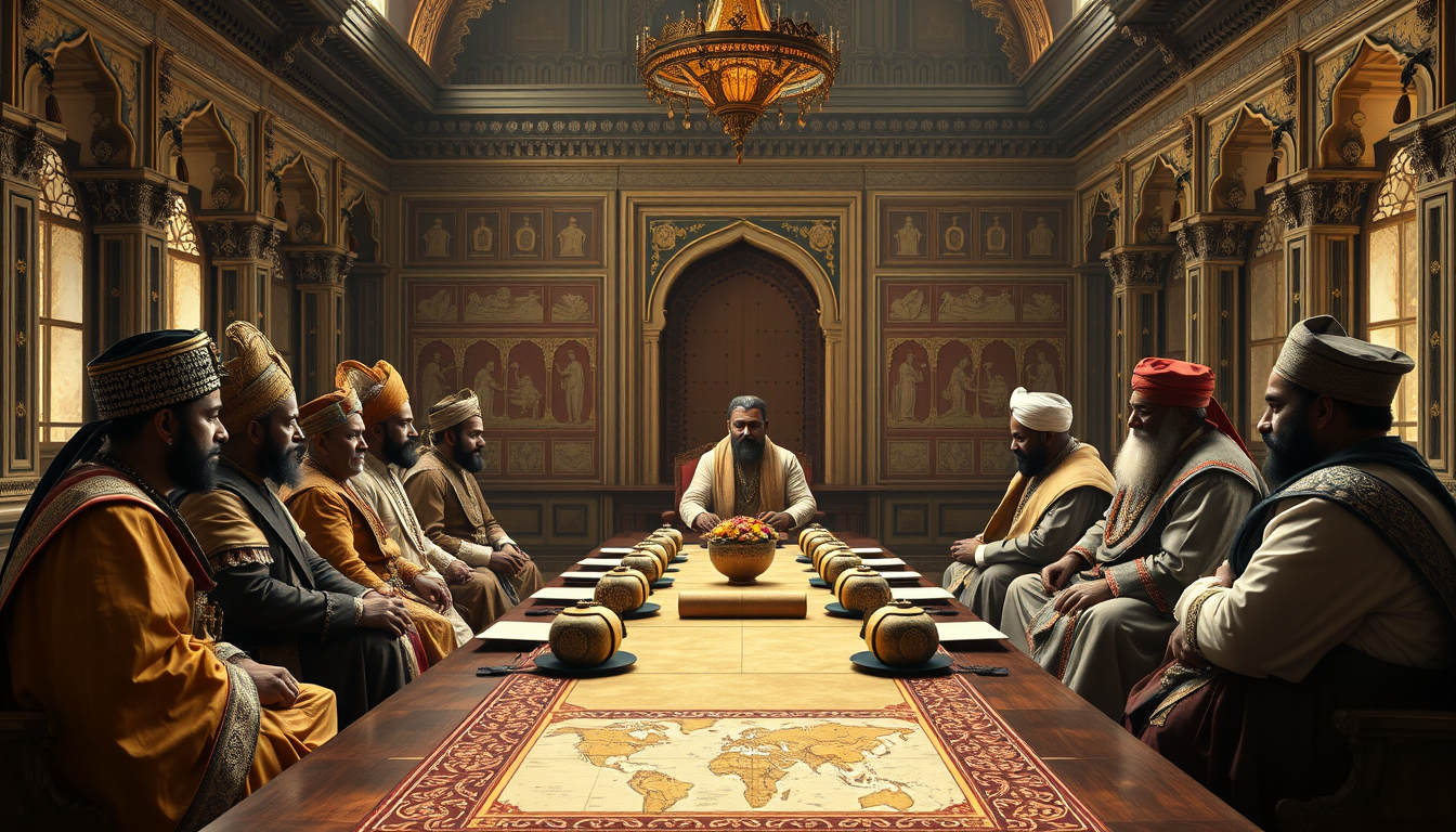 Main art studio: A formal diplomatic meeting between a Mughal emperor and regional Indian rulers inside a magnificent palace, rulers seated respectfully around a large