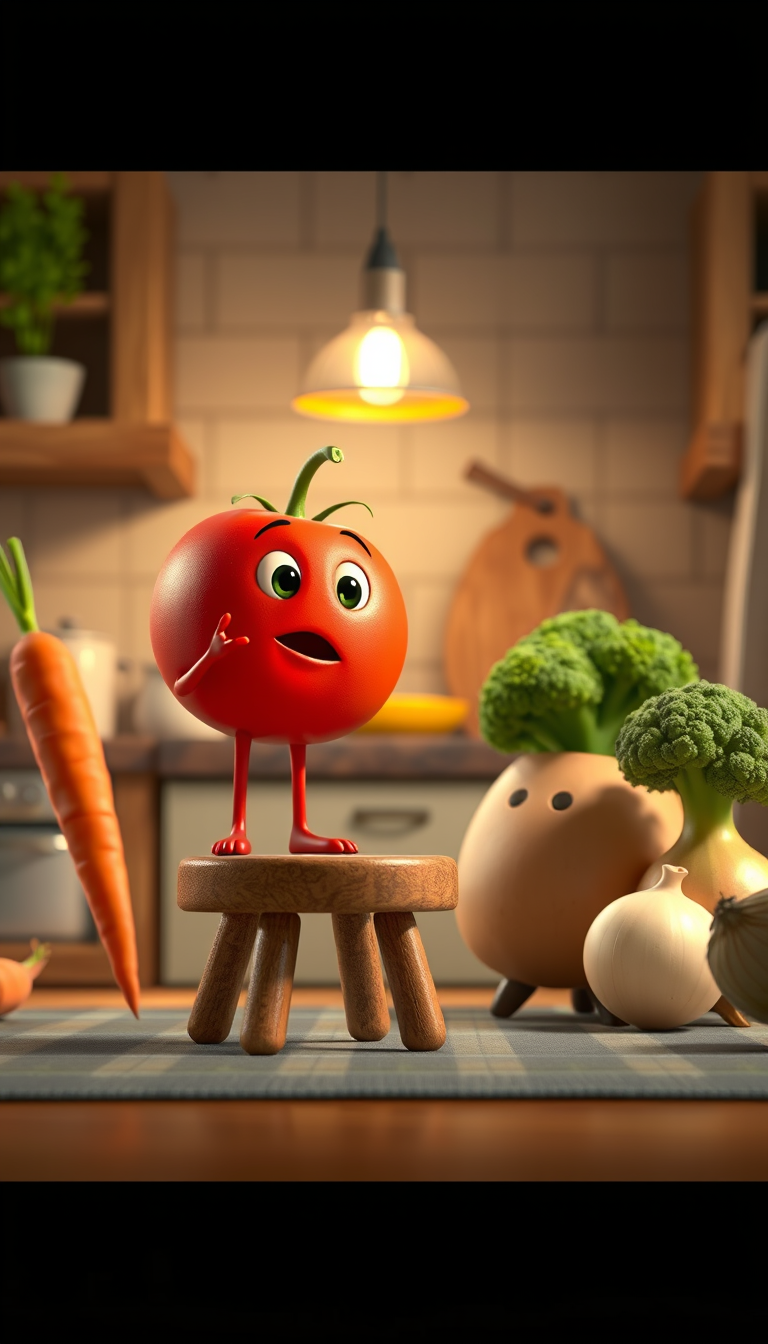 Main art studio: Scene 2 – Tomato Starts the Meeting Prompt: Cute red tomato standing on a tiny wooden stool, pointing confidently while speaking to the other vegetabl