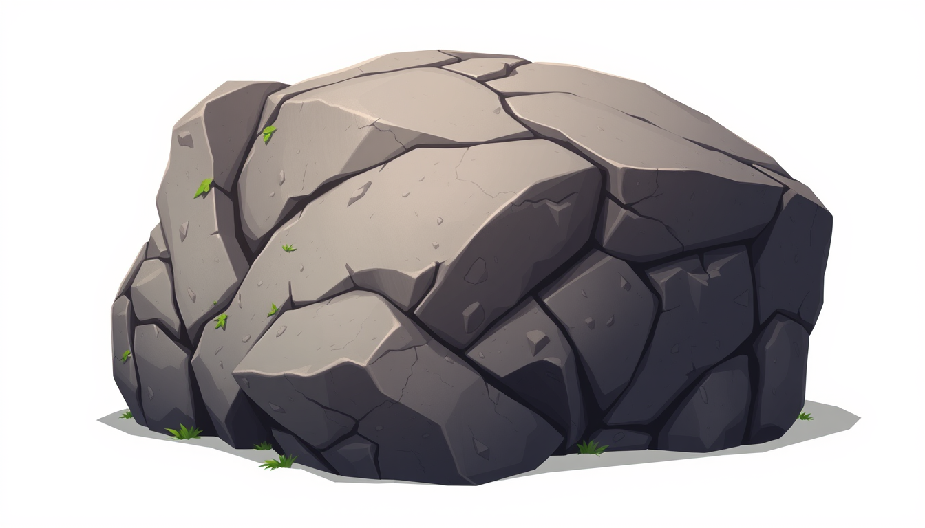 Game Asset idea created from the prompt: 2D game asset, clean isolated object, consistent art style, Roca grande, estilo anime 2D, forma irregular, superficie rocosa detallada, pequ
