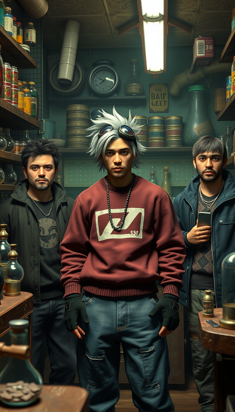 Main art studio: Cinematic 3D video game screenshot of three men aged 25–35 in a slightly run-down smoke shop. Main character has messy silver-white hair, goggles on h