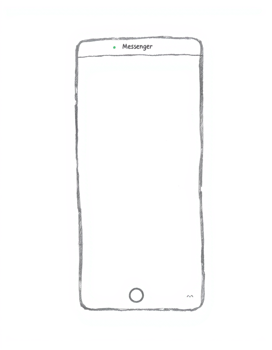 Main art studio: Minimalist black and white pencil sketch of a single smartphone screen showing a simple Messenger-style chat interface. Only one conversation bubble i