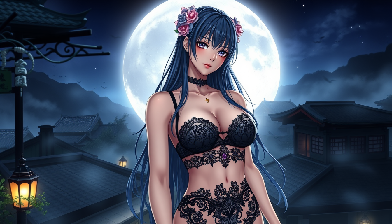 Anime idea: anime style, vibrant colors, expressive eyes, Adult Hinata-inspired kunoichi goddess, realistic anime, seductive confident gaze, long dark-blue hair,