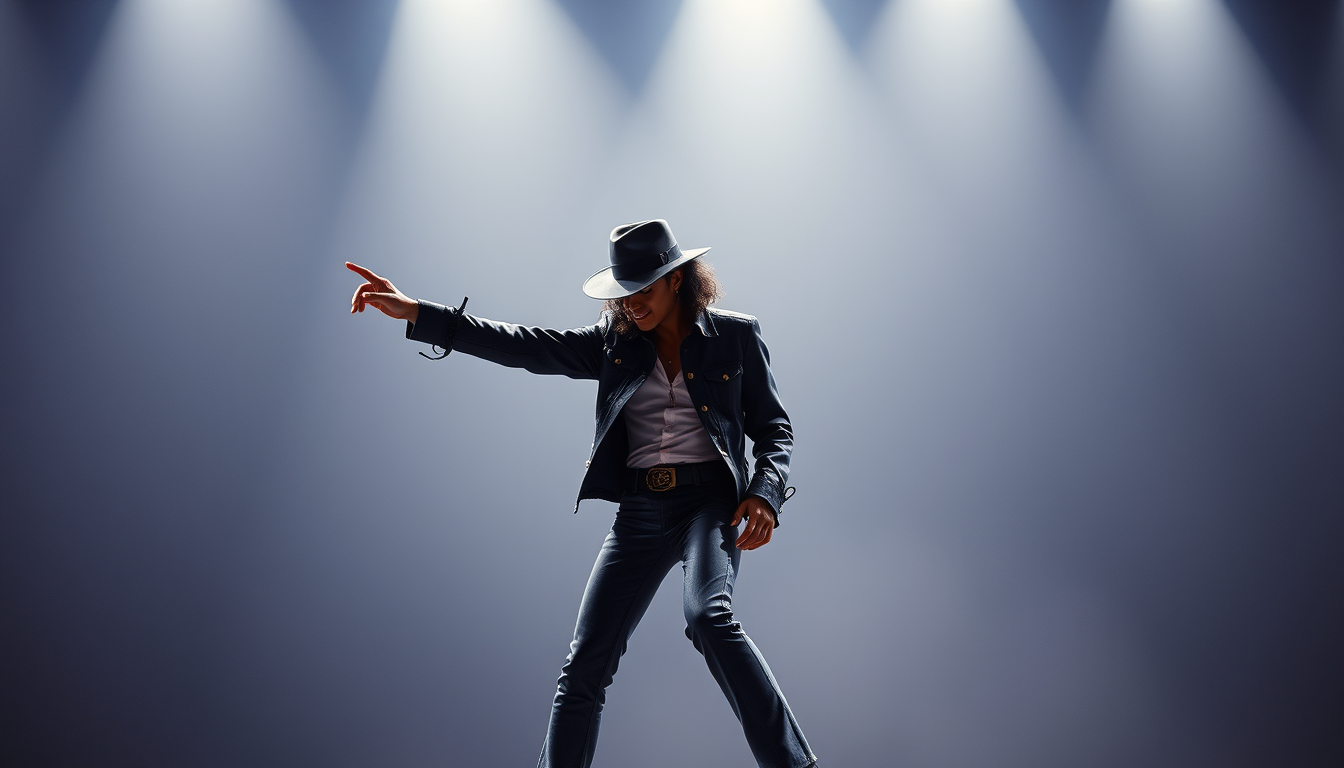 AI Art prompt example created from the prompt: Give me an Image of Micheal Jackson performing billie jean with his billie jean outfit