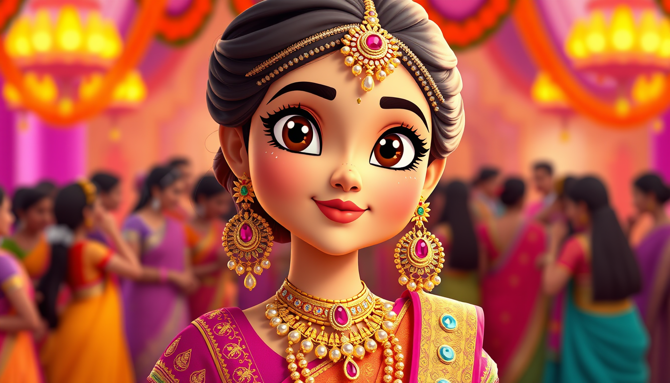 AI Art prompt example created from the prompt: “Create a beautiful 3D animated Indian girl wearing a traditional colorful Garba outfit. She is wearing EXACTLY the jewellery shown in the r