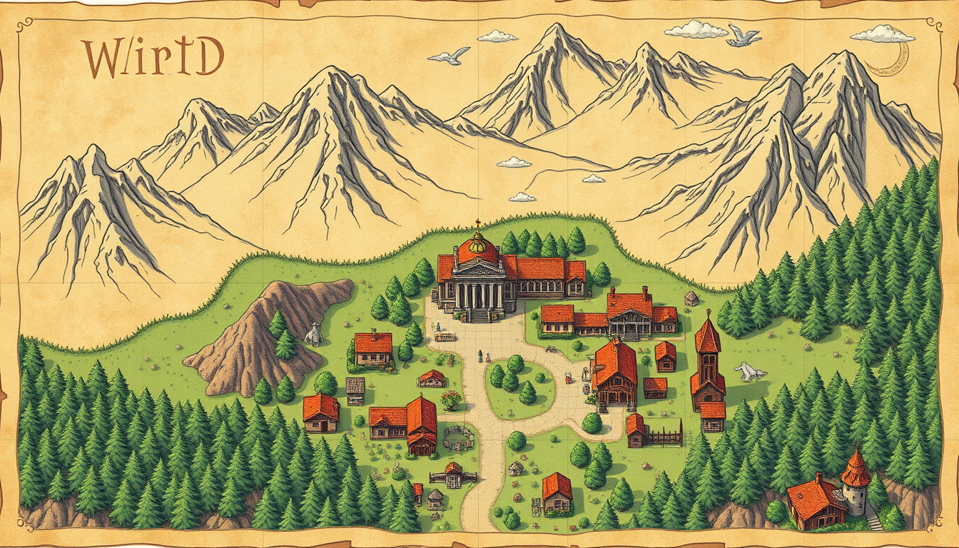 Fantasy Maps idea: fantasy world map, hand-drawn cartography, aged parchment, mountains forests and coastlines, Strict 16-bit pixel art Pokémon FireRed-style town, top-d