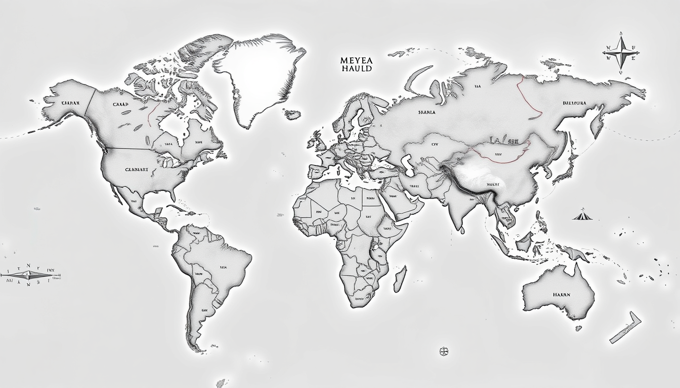 Fantasy Maps idea: a readable fictional world map with coherent coastlines, terrain regions, routes, and landmarks, deliberate composition, je voudrais que tu générer la