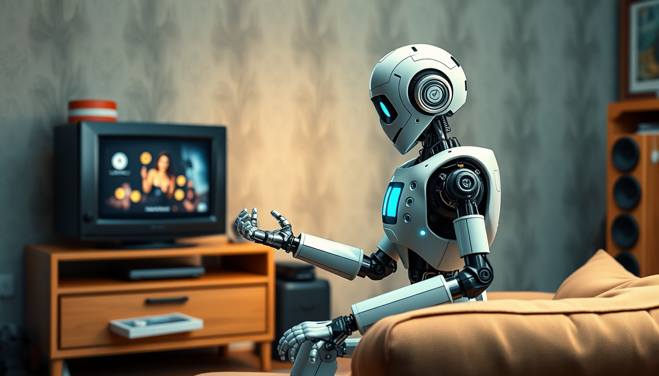 Main art studio: un robot assie sur son canap dans son salon et on voit la tele sur la quelle il joue a gta et lui il a la mannette dans une main et dans lautre main d