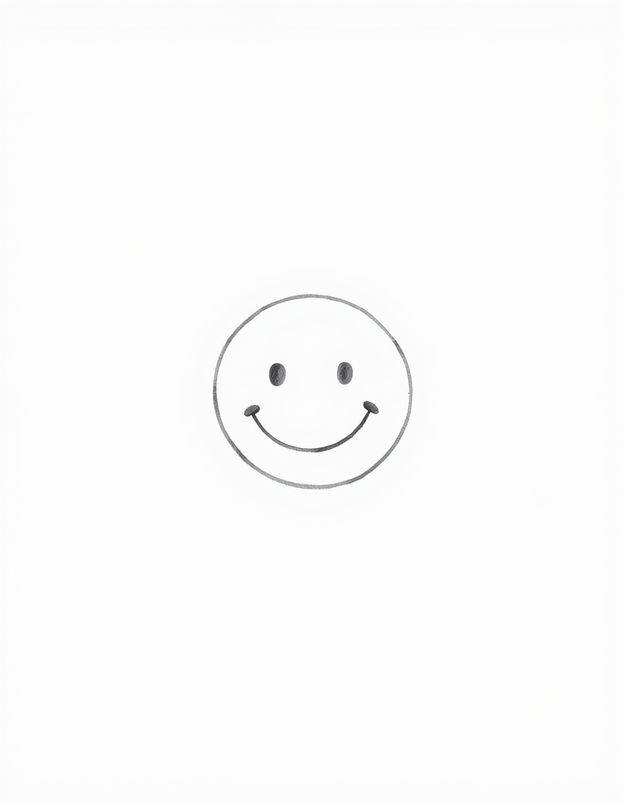 Main art studio: A simple smiling emoji face, alone in the center of a white background. Minimalist black and white pencil sketch, as if drawn by a child, rough thin i