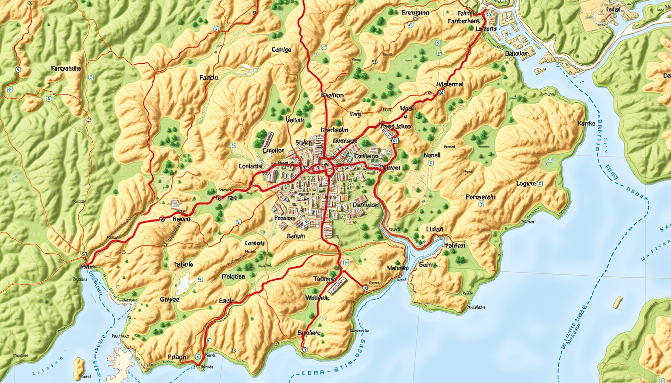 Main art studio: A realistic map in 1:25000 scale ready for printing that resembles true paper maps of recognized cartographic publishers. No mountains, max level dfif