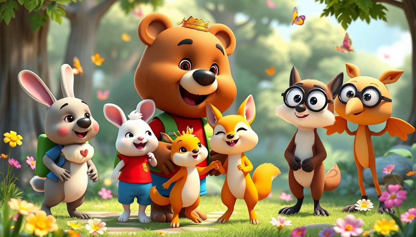 Main art studio: 3D animated children's cartoon. Bruno, a cute brown bear wearing a red T-shirt, blue shorts, and green backpack, celebrates with Benny, a white rabbit