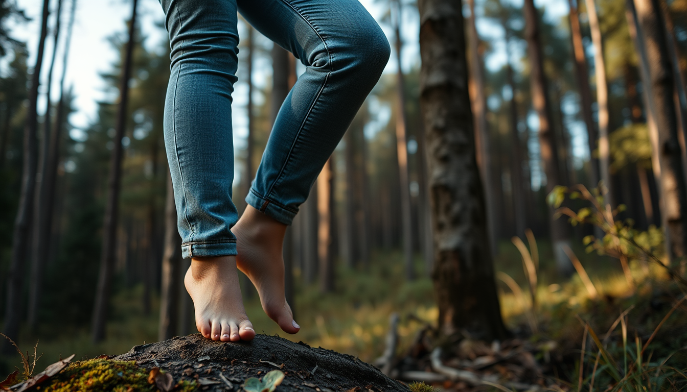 AI Image From Image idea created from the prompt: reference-guided image transformation, preserve the main subject and composition, brunette in jeans hot pants on tip toes on forest , cohere
