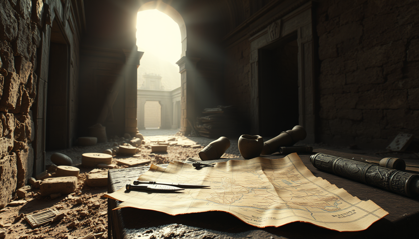 Main art studio: A mysterious ancient location with ruins, an old map, archaeological artifacts and dramatic sunlight entering through an ancient structure, atmosphere